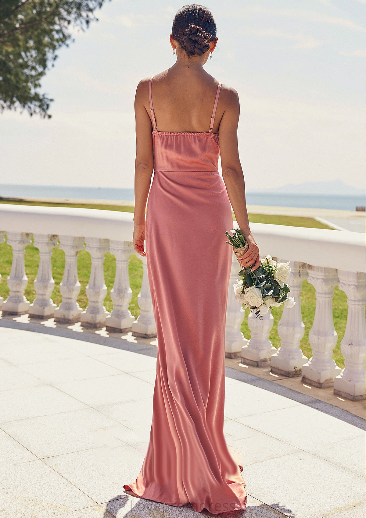 Sheath/Column Square Neckline Sleeveless Floor-Length Stretch Satin Bridesmaid Dresses with Pleated Split Ana DYP0025277