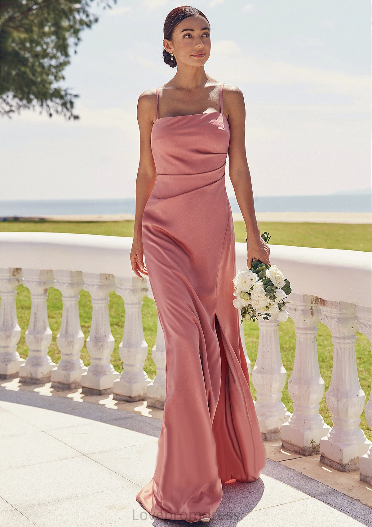 Sheath/Column Square Neckline Sleeveless Floor-Length Stretch Satin Bridesmaid Dresses with Pleated Split Ana DYP0025277