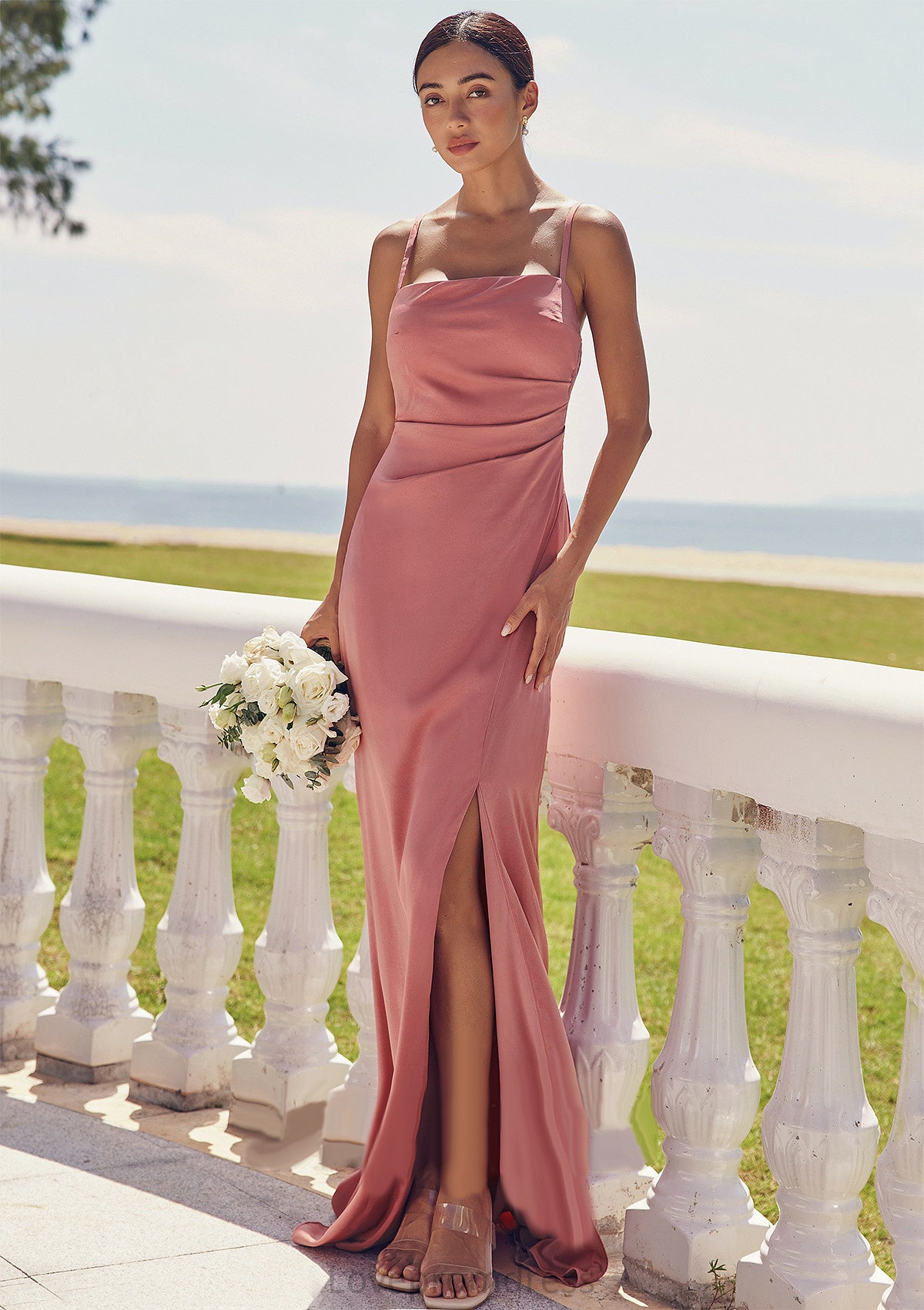 Sheath/Column Square Neckline Sleeveless Floor-Length Stretch Satin Bridesmaid Dresses with Pleated Split Ana DYP0025277