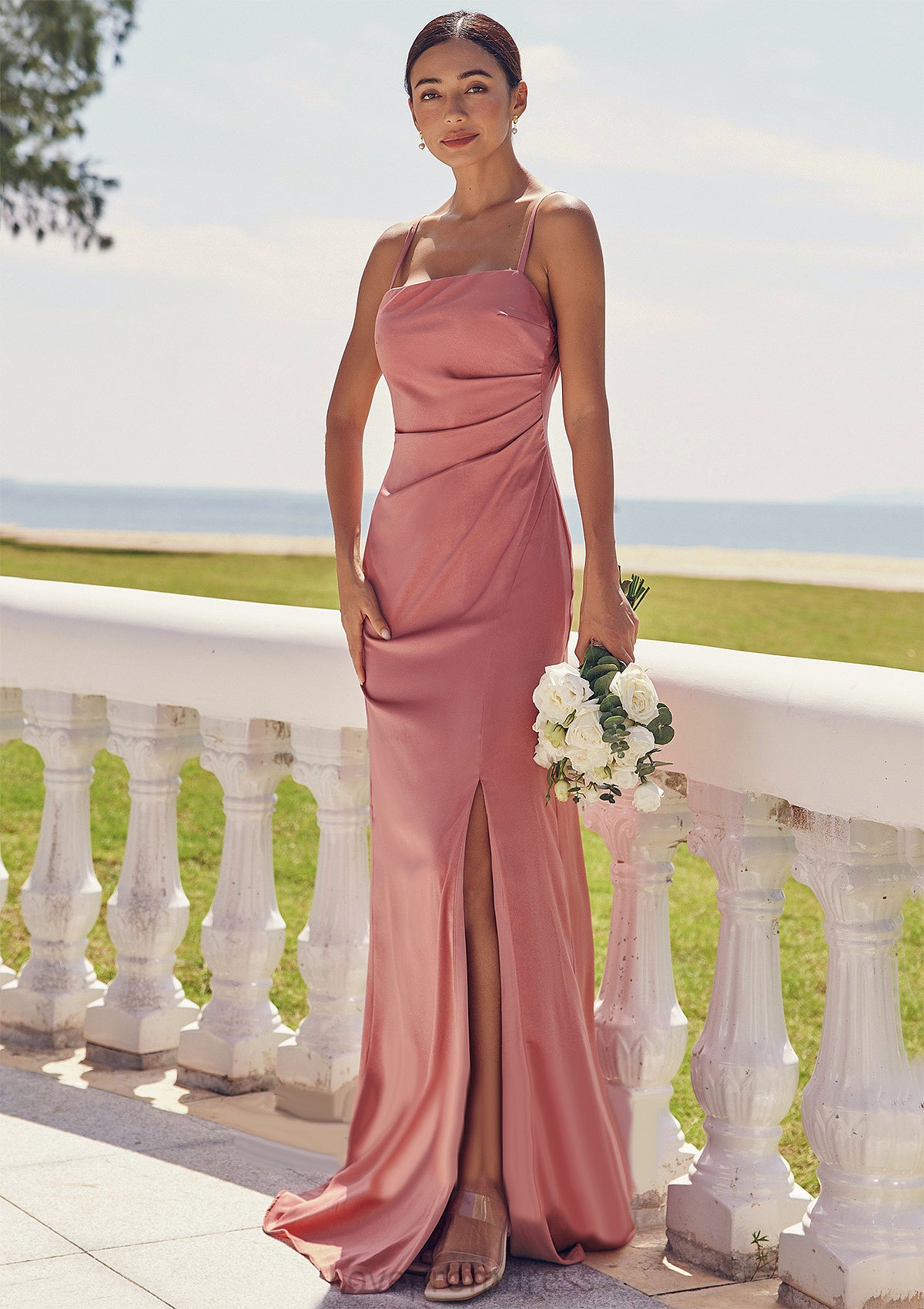 Sheath/Column Square Neckline Sleeveless Floor-Length Stretch Satin Bridesmaid Dresses with Pleated Split Ana DYP0025277