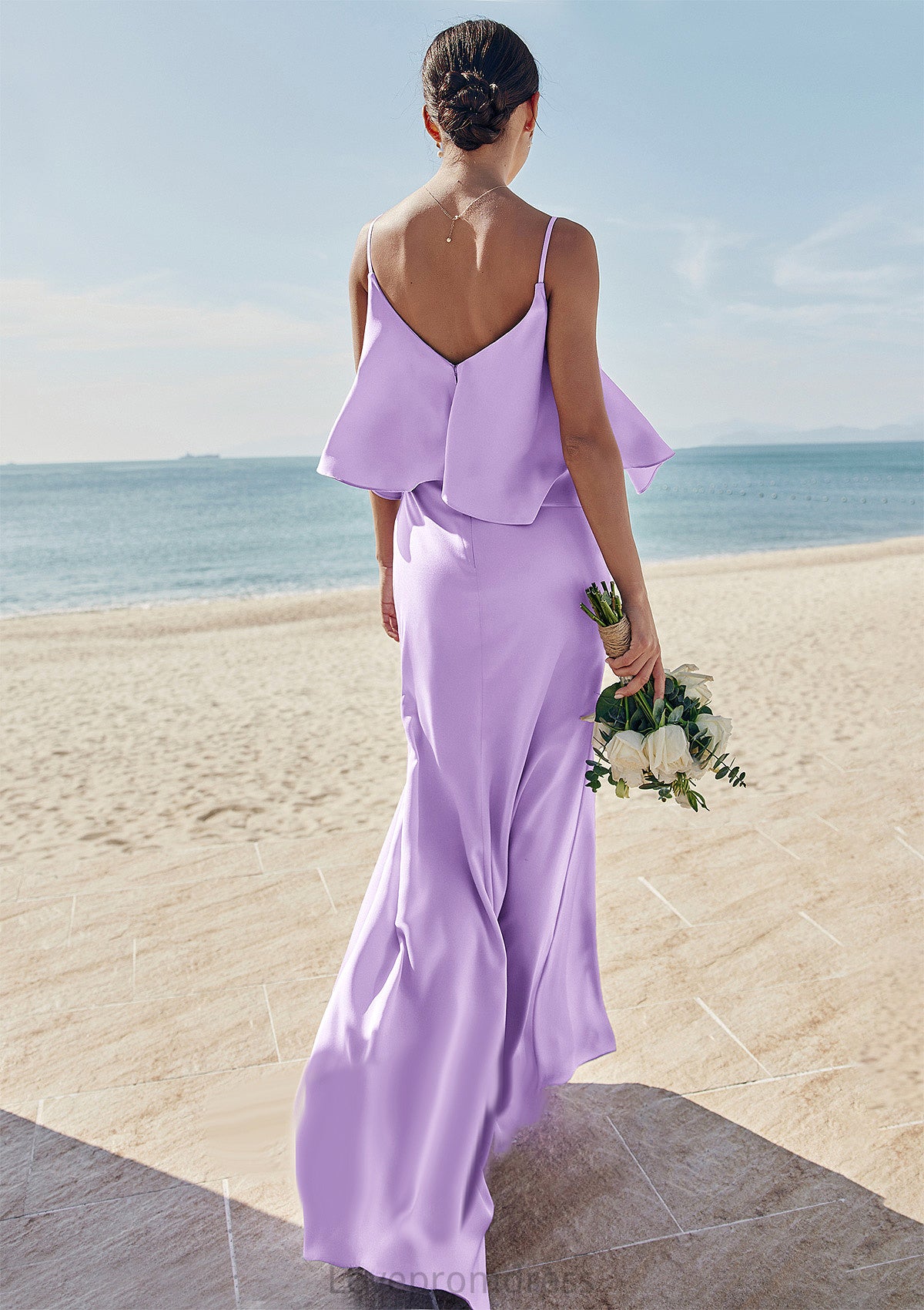 Sheath/Column V Neck Sleeveless Floor-Length Stretch Satin Bridesmaid Dresses with Ruffles Teagan DYP0025278