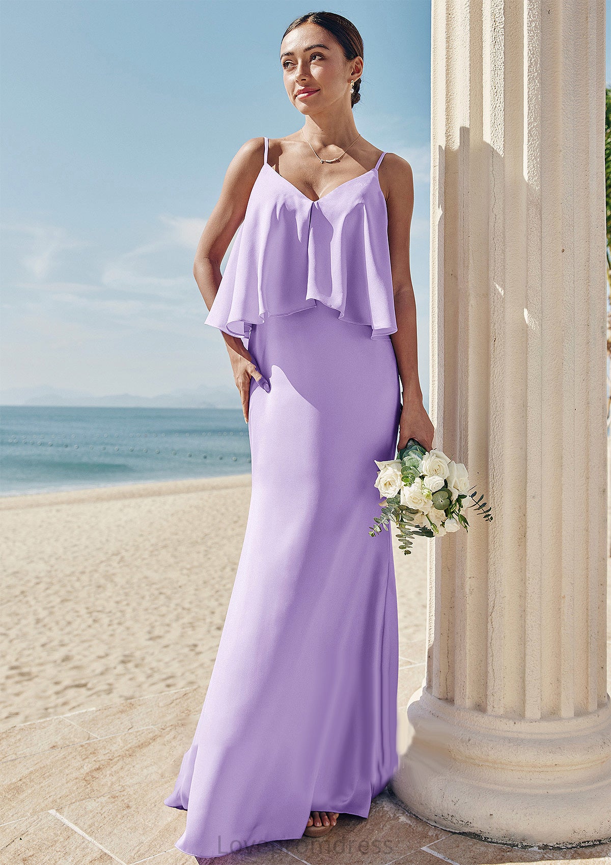 Sheath/Column V Neck Sleeveless Floor-Length Stretch Satin Bridesmaid Dresses with Ruffles Teagan DYP0025278