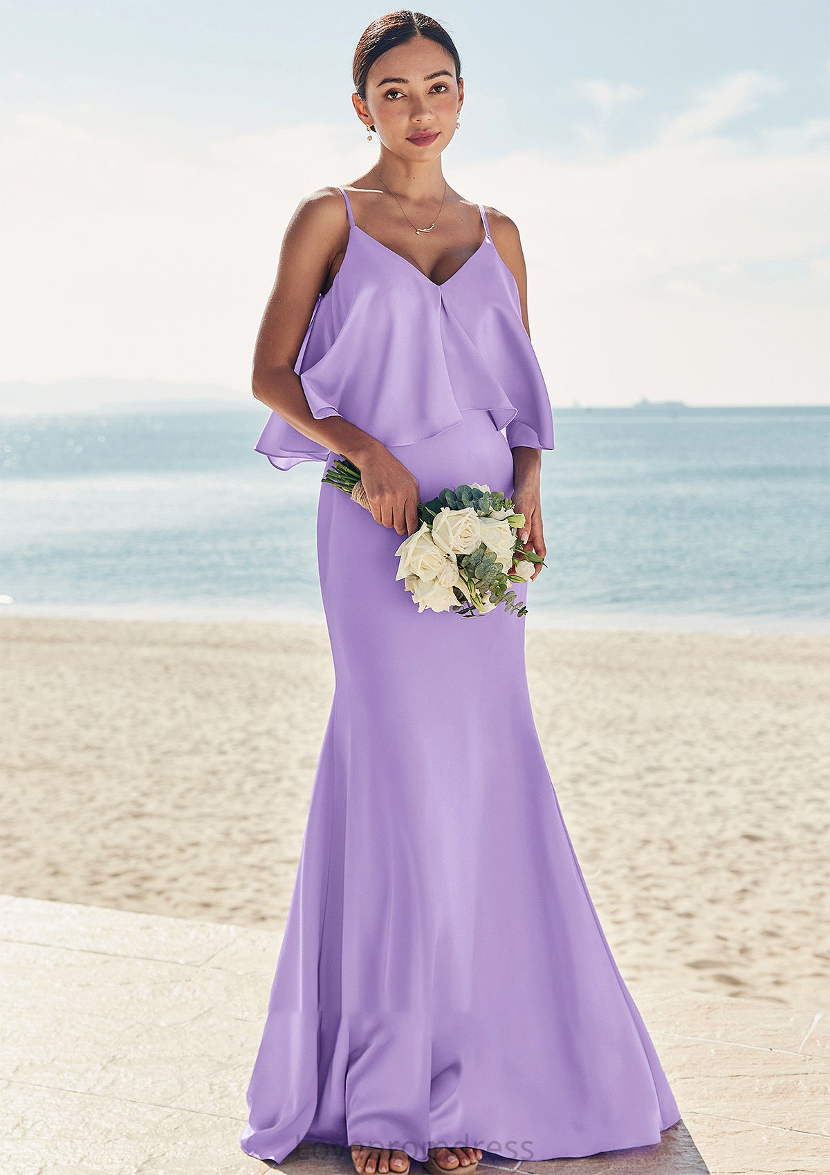 Sheath/Column V Neck Sleeveless Floor-Length Stretch Satin Bridesmaid Dresses with Ruffles Teagan DYP0025278