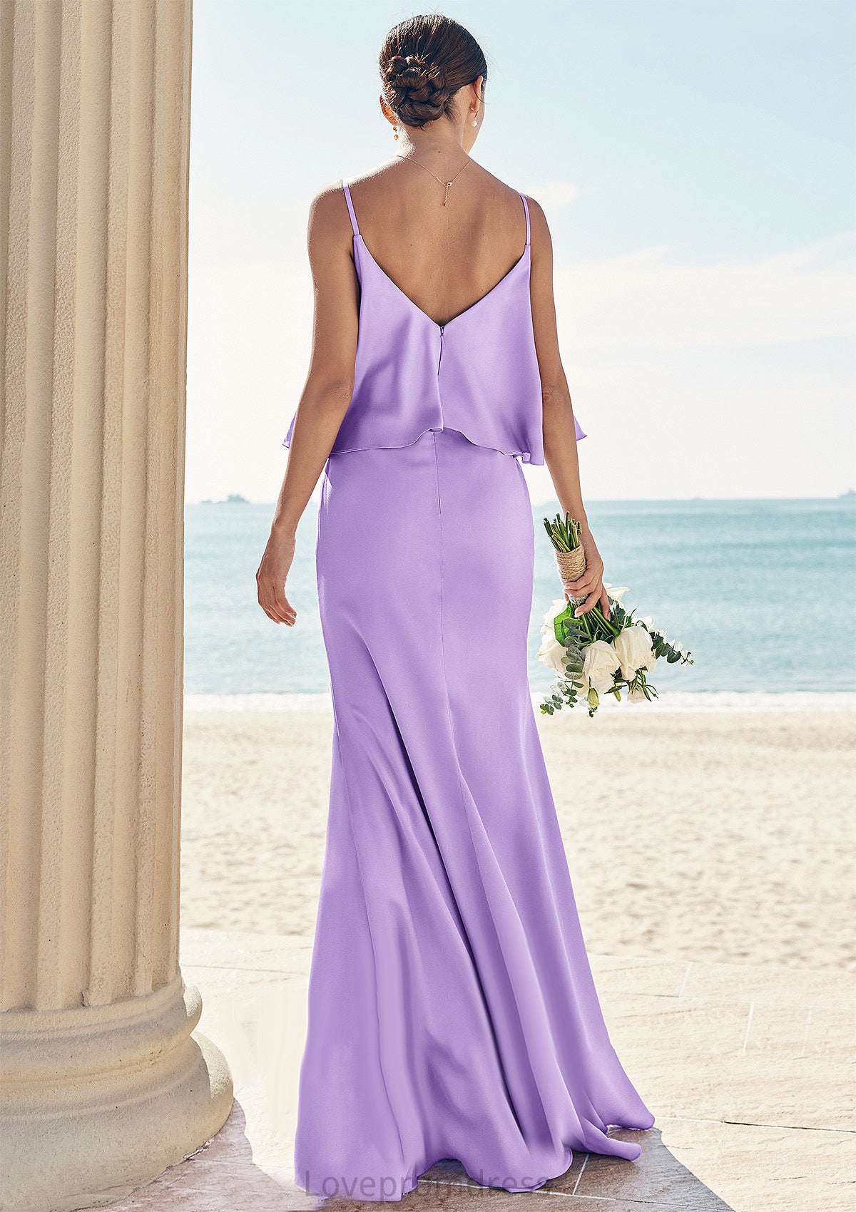 Sheath/Column V Neck Sleeveless Floor-Length Stretch Satin Bridesmaid Dresses with Ruffles Teagan DYP0025278