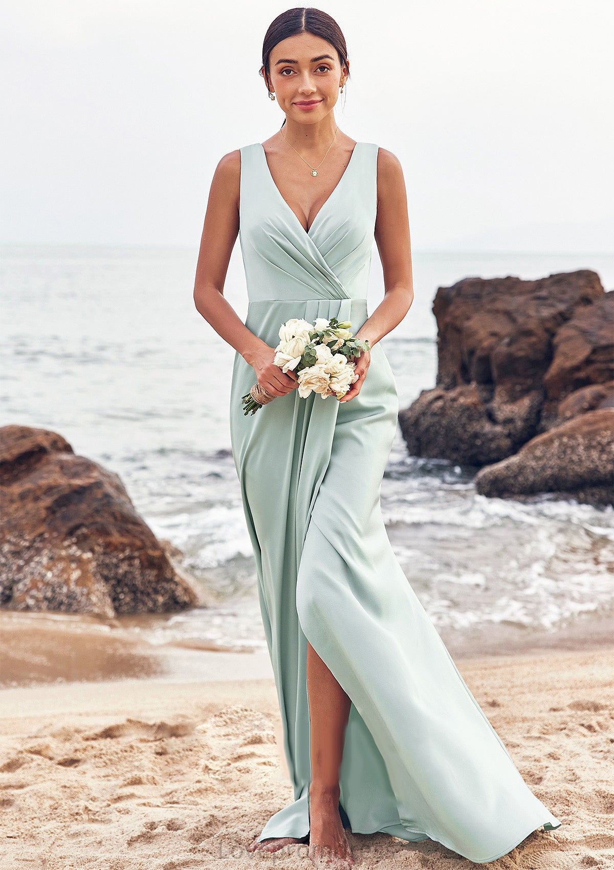 Sheath/Column V Neck Sleeveless Floor-Length Stretch Satin Bridesmaid Dresses with Pleated Split Leila DYP0025279