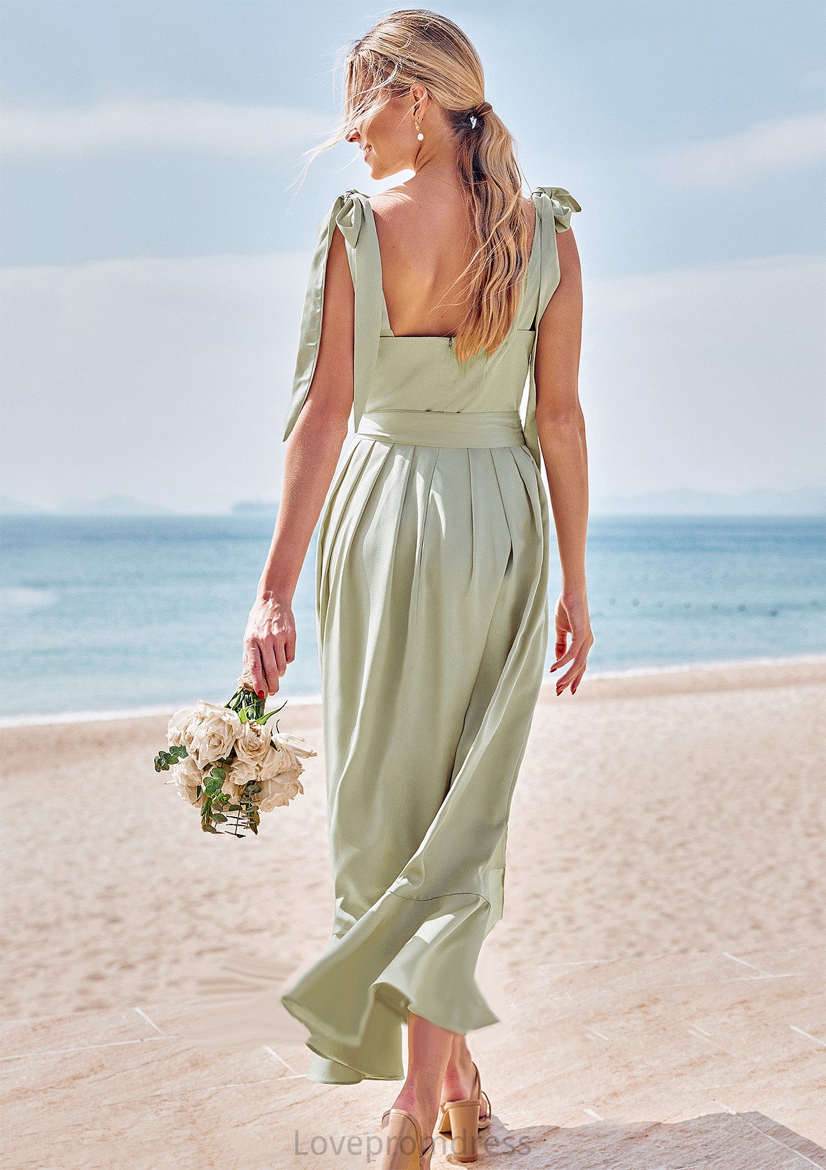 Sheath/Column Square Neckline Sleeveless Tea-Length Stretch Satin Bridesmaid Dresses with Bowknot Ruffles Split Jaylee DYP0025280