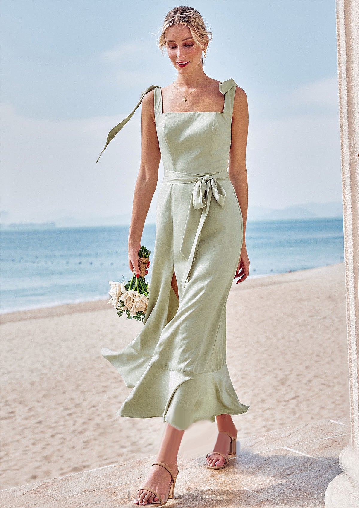 Sheath/Column Square Neckline Sleeveless Tea-Length Stretch Satin Bridesmaid Dresses with Bowknot Ruffles Split Jaylee DYP0025280