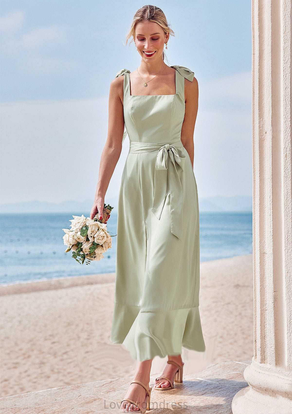 Sheath/Column Square Neckline Sleeveless Tea-Length Stretch Satin Bridesmaid Dresses with Bowknot Ruffles Split Jaylee DYP0025280