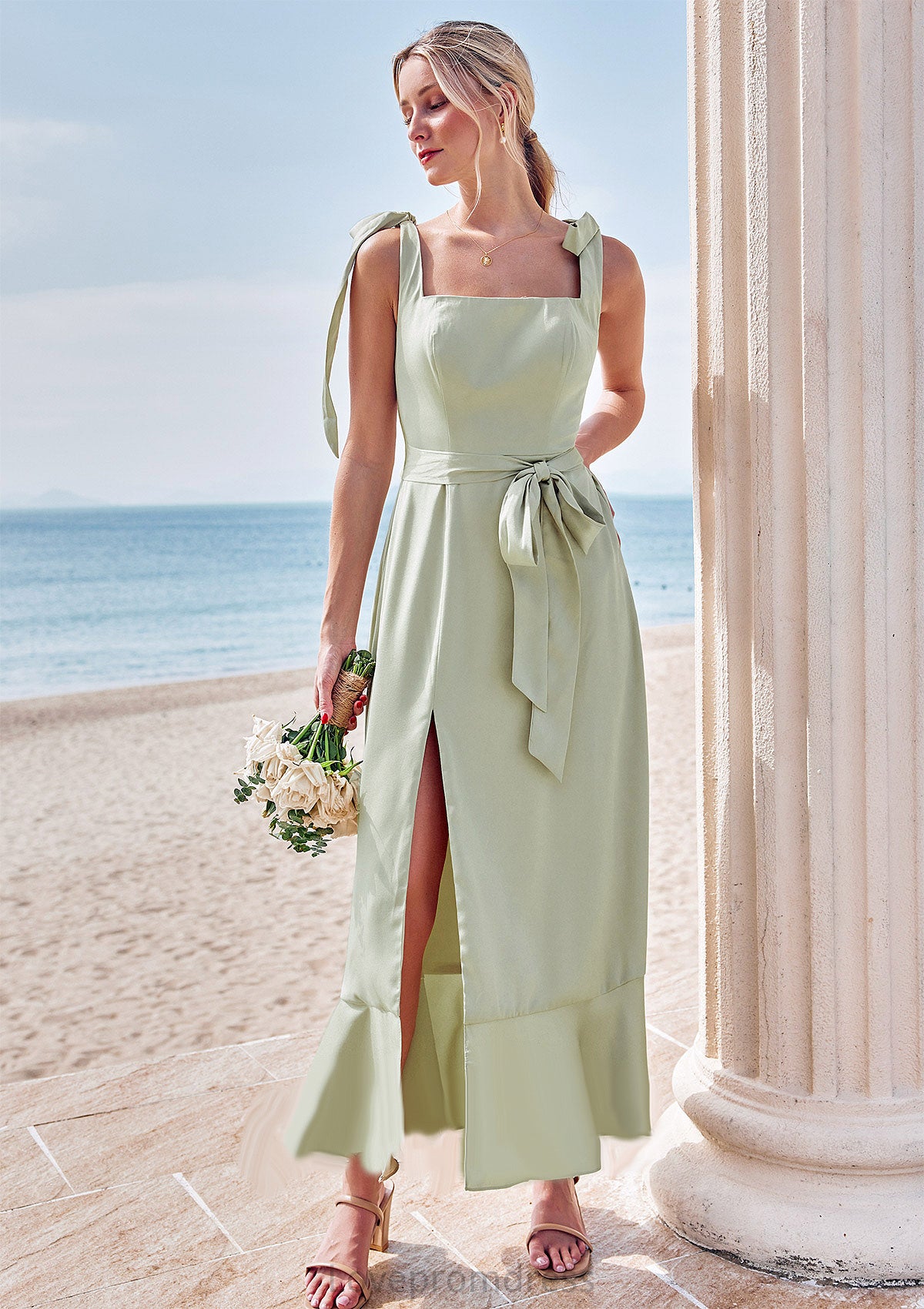 Sheath/Column Square Neckline Sleeveless Tea-Length Stretch Satin Bridesmaid Dresses with Bowknot Ruffles Split Jaylee DYP0025280