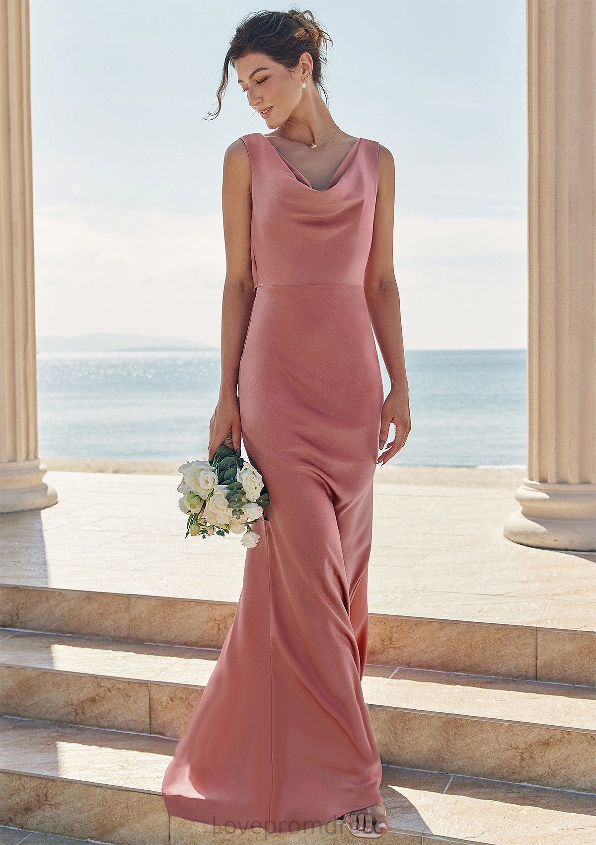 Trumpet/Mermaid Cowl Neck Sleeveless Floor-Length Stretch Satin Bridesmaid Dresses with Sashes Kate DYP0025281