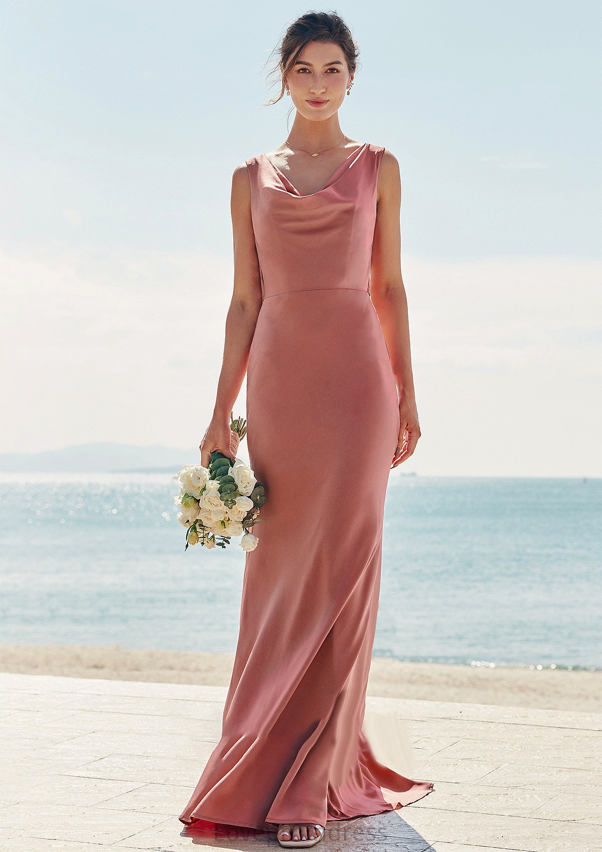 Trumpet/Mermaid Cowl Neck Sleeveless Floor-Length Stretch Satin Bridesmaid Dresses with Sashes Kate DYP0025281