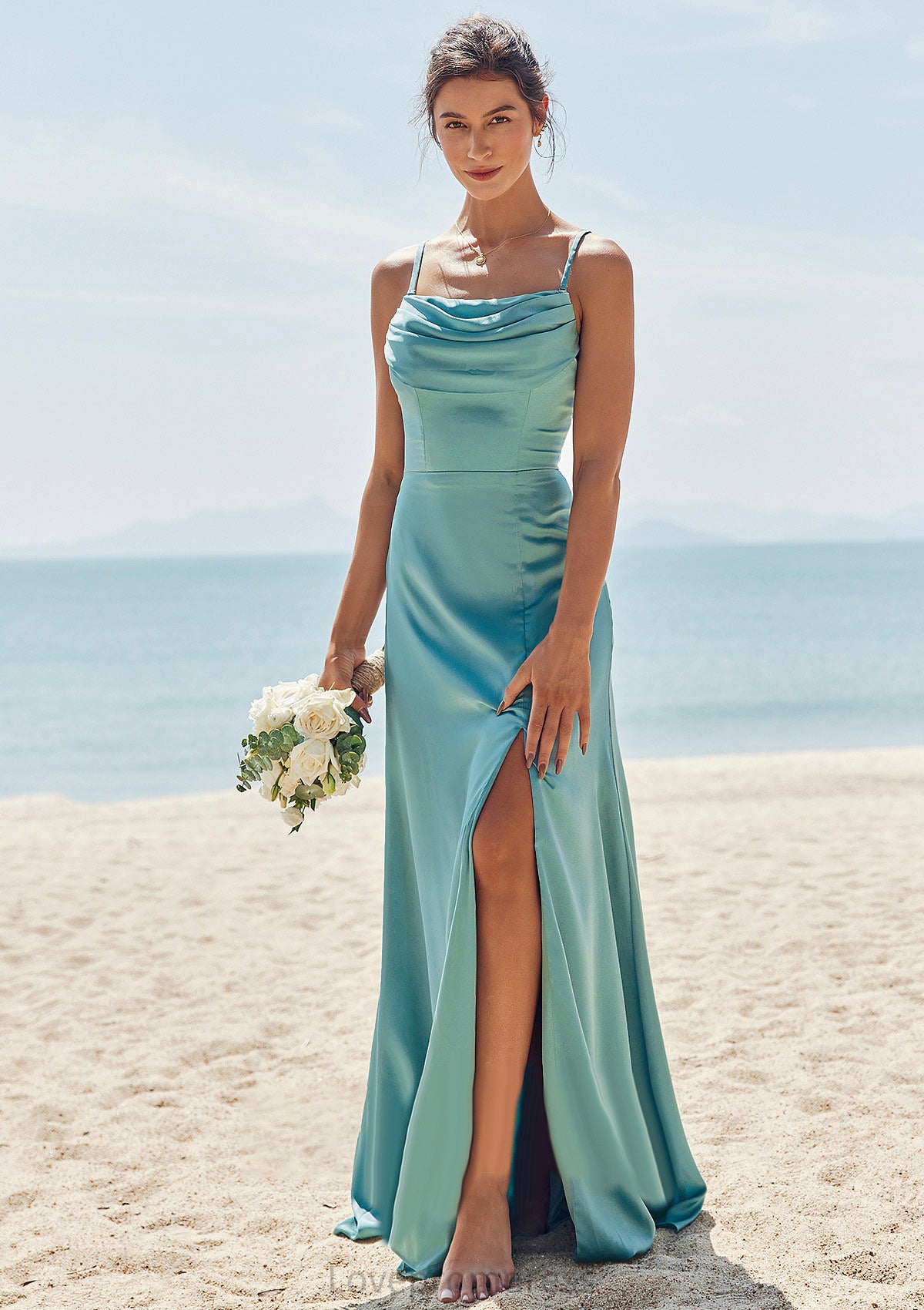 Sheath/Column Square Neckline Sleeveless Floor-Length Stretch Satin Bridesmaid Dresses with Pleated Split Kaylen DYP0025282