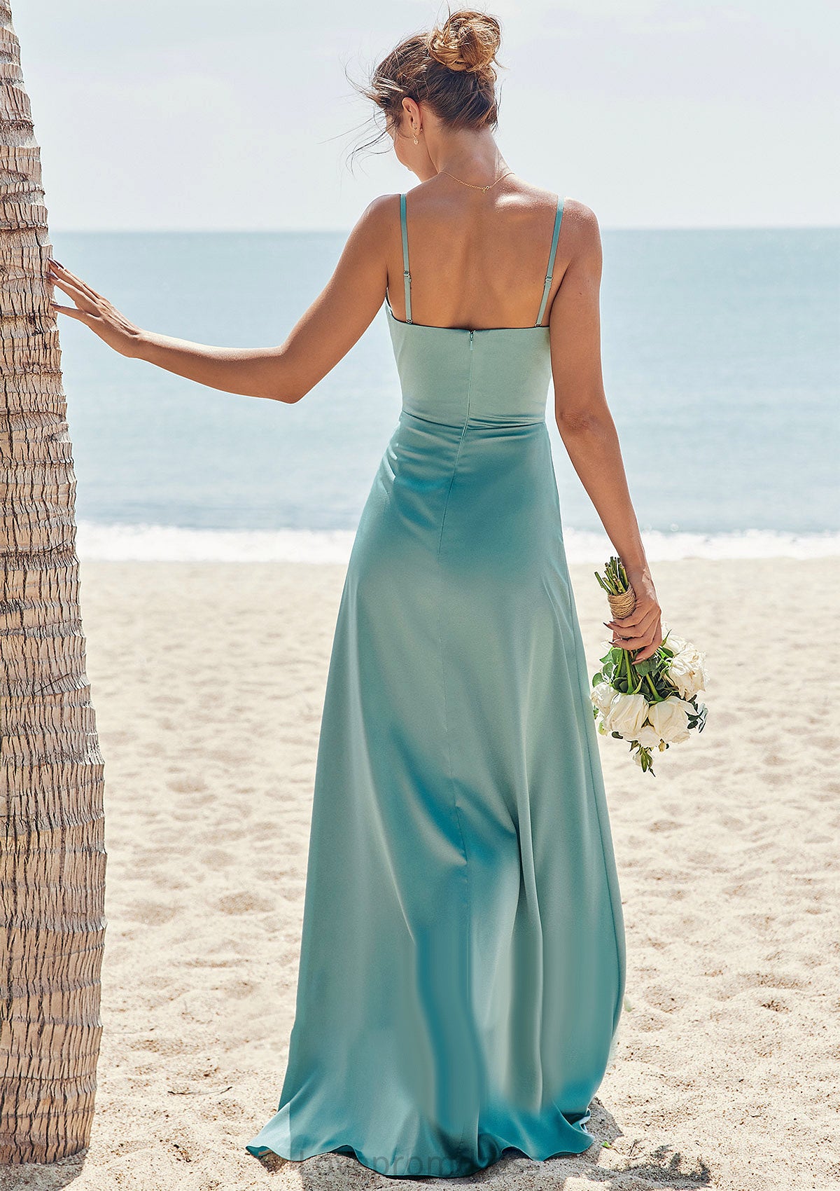 Sheath/Column Square Neckline Sleeveless Floor-Length Stretch Satin Bridesmaid Dresses with Pleated Split Kaylen DYP0025282