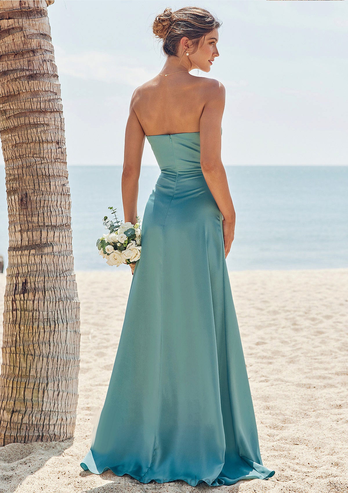 Sheath/Column Square Neckline Sleeveless Floor-Length Stretch Satin Bridesmaid Dresses with Pleated Split Kaylen DYP0025282