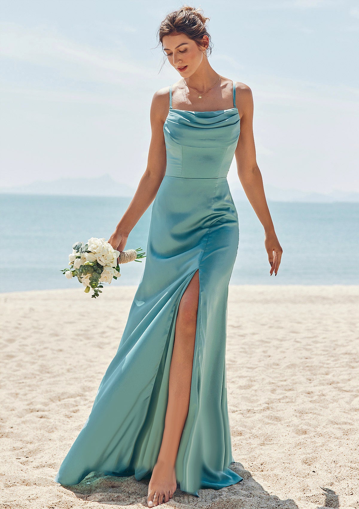 Sheath/Column Square Neckline Sleeveless Floor-Length Stretch Satin Bridesmaid Dresses with Pleated Split Kaylen DYP0025282