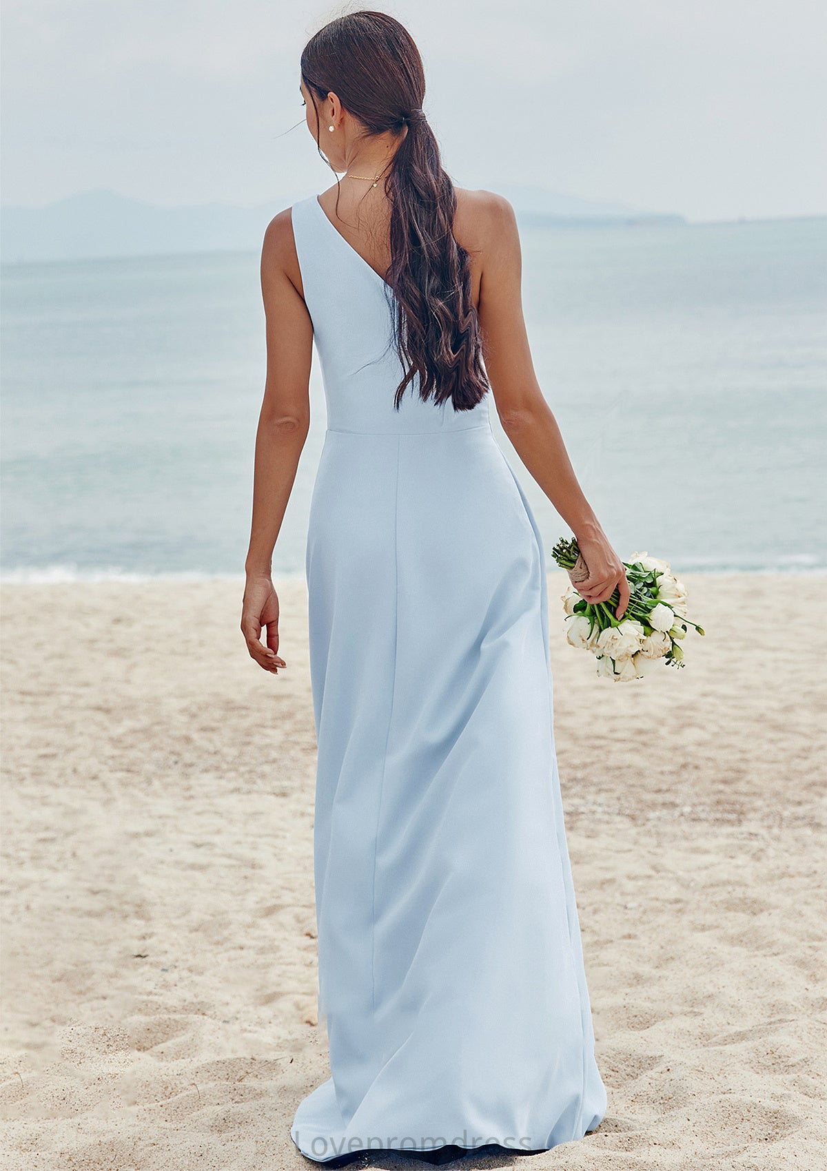 A-line One-Shoulder Sleeveless Floor-Length Stretch Crepe Bridesmaid Dresses with Pleated Split Carley DYP0025284