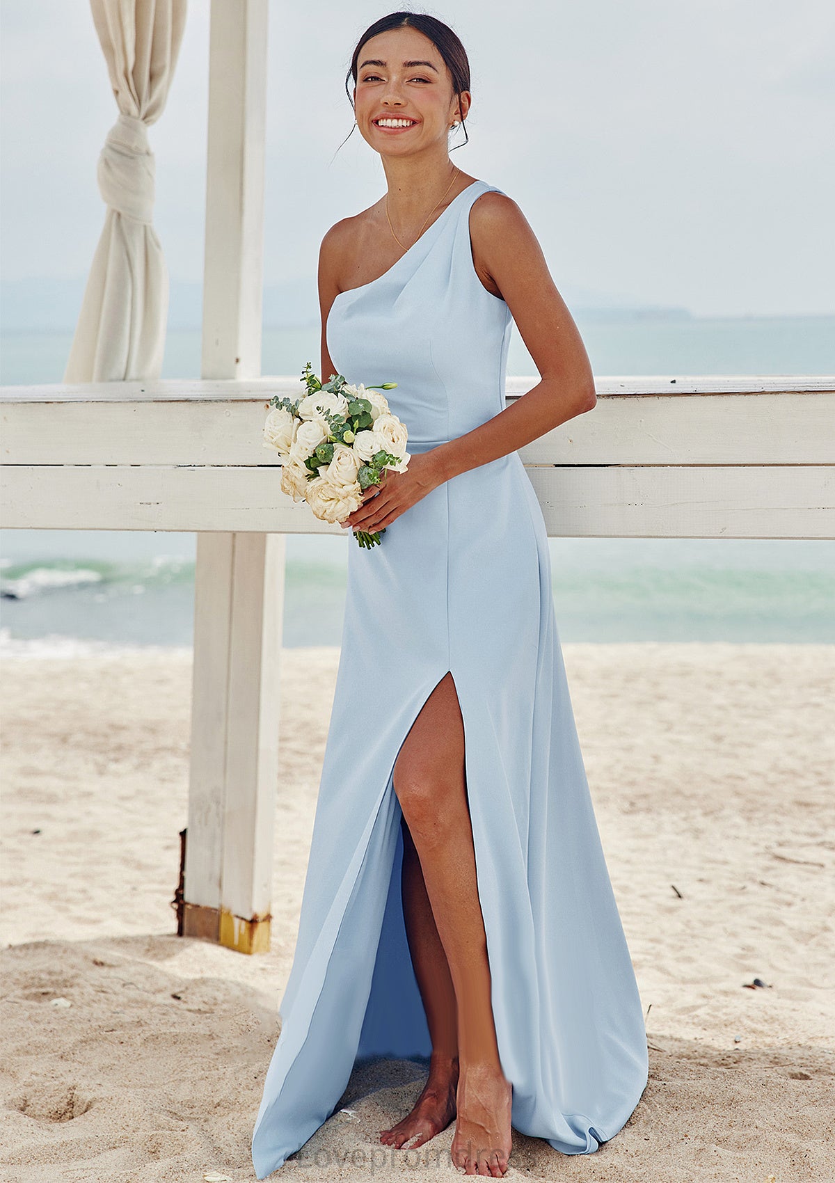 A-line One-Shoulder Sleeveless Floor-Length Stretch Crepe Bridesmaid Dresses with Pleated Split Carley DYP0025284