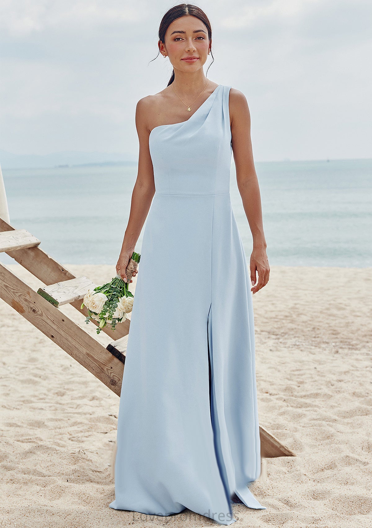 A-line One-Shoulder Sleeveless Floor-Length Stretch Crepe Bridesmaid Dresses with Pleated Split Carley DYP0025284