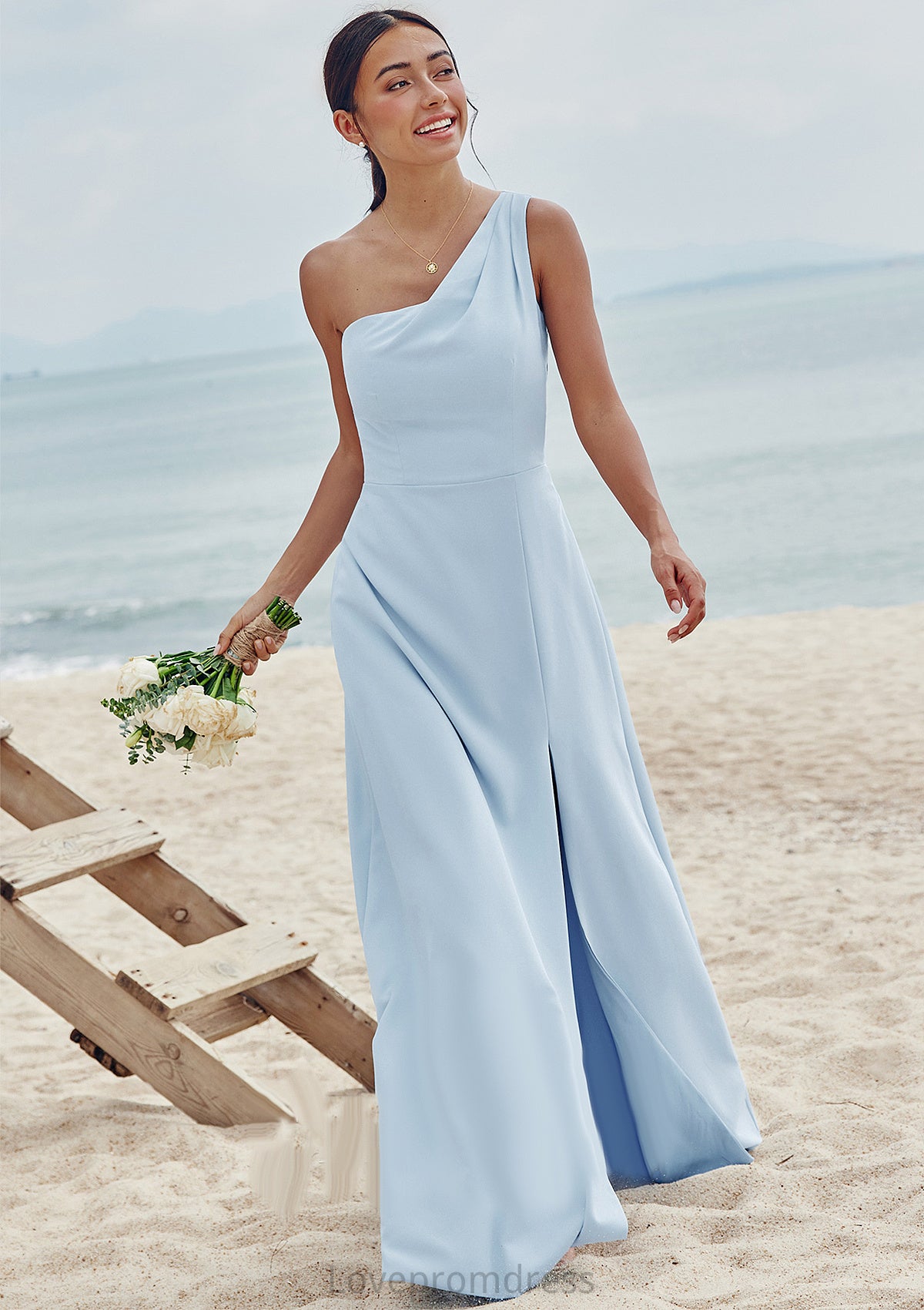 A-line One-Shoulder Sleeveless Floor-Length Stretch Crepe Bridesmaid Dresses with Pleated Split Carley DYP0025284