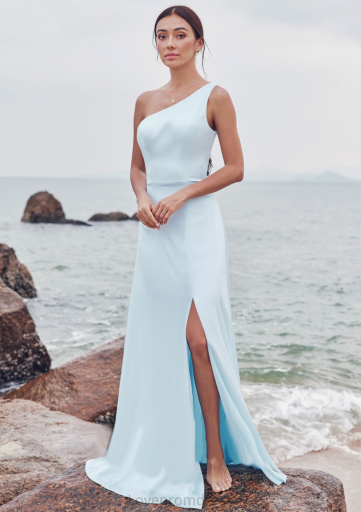 A-line One-Shoulder Sleeveless Floor-Length Stretch Satin Bridesmaid Dresses with Split Dalia DYP0025285