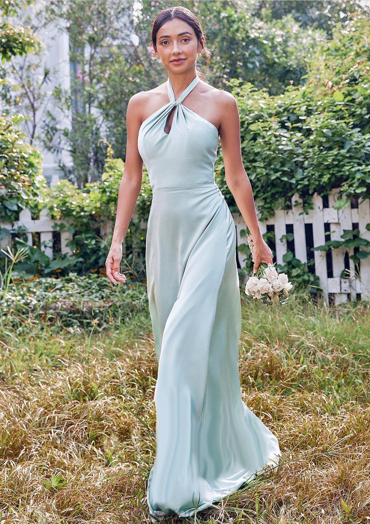 A-line Halter Sleeveless Floor-Length Stretch Satin Bridesmaid Dresses with Split Madilyn DYP0025287