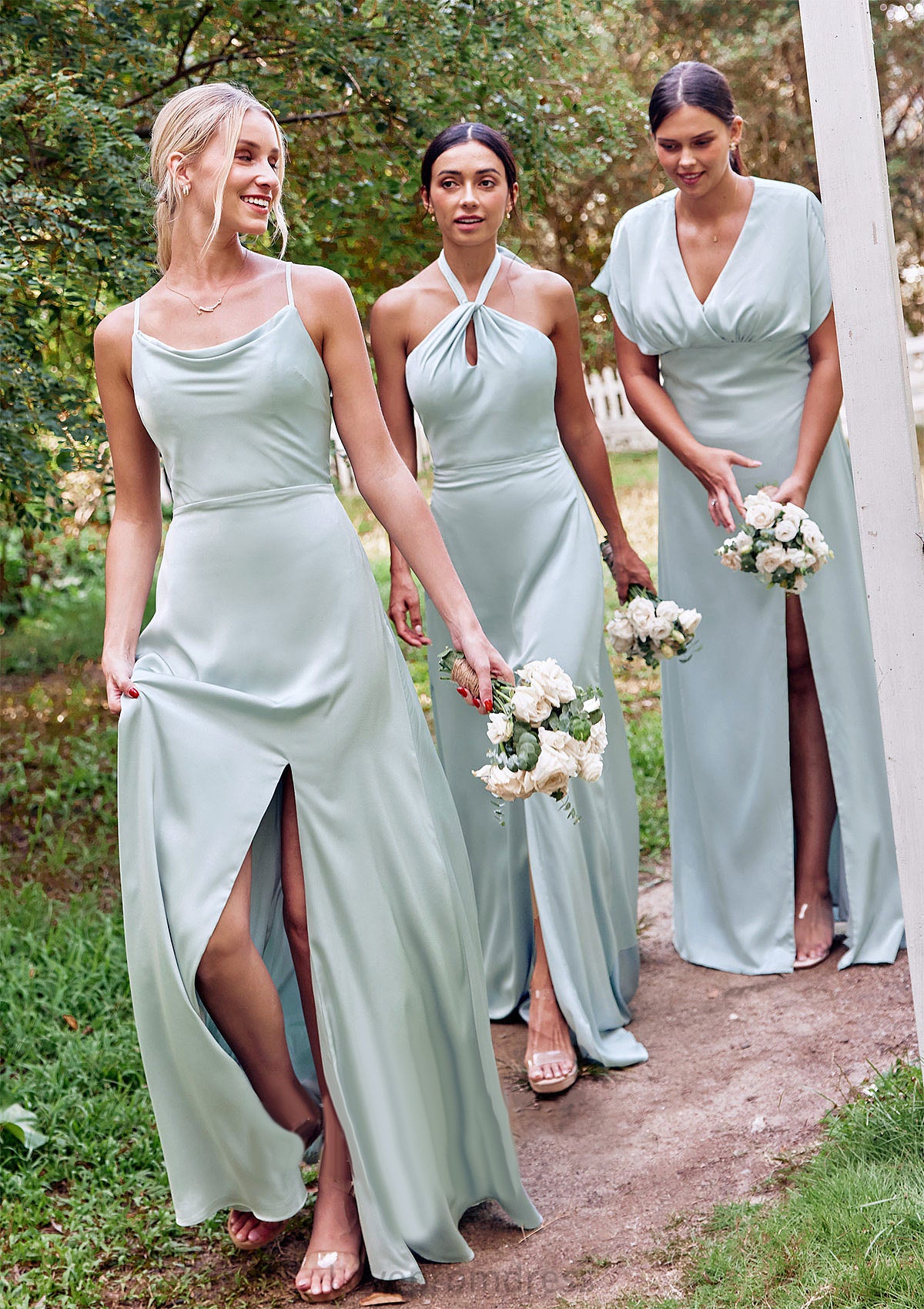 A-line Halter Sleeveless Floor-Length Stretch Satin Bridesmaid Dresses with Split Madilyn DYP0025287