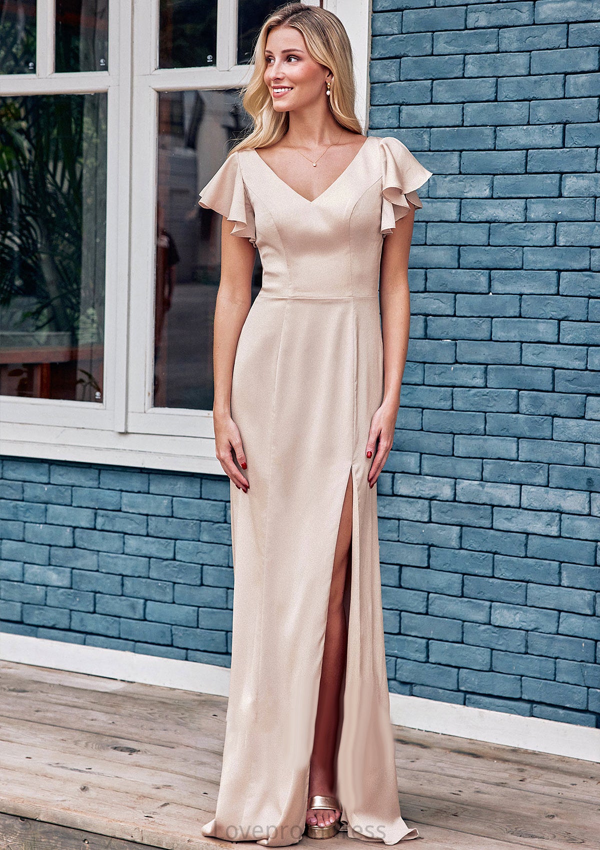 Sheath/Column V Neck Short Sleeve Floor-Length Stretch Satin Bridesmaid Dresses with Ruffles Split Litzy DYP0025290