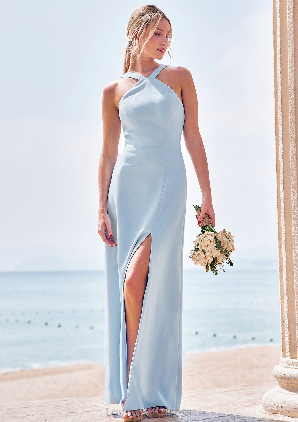 Sheath/Column Halter Sleeveless Floor-Length Stretch Crepe Bridesmaid Dresses with Split Violet DYP0025291