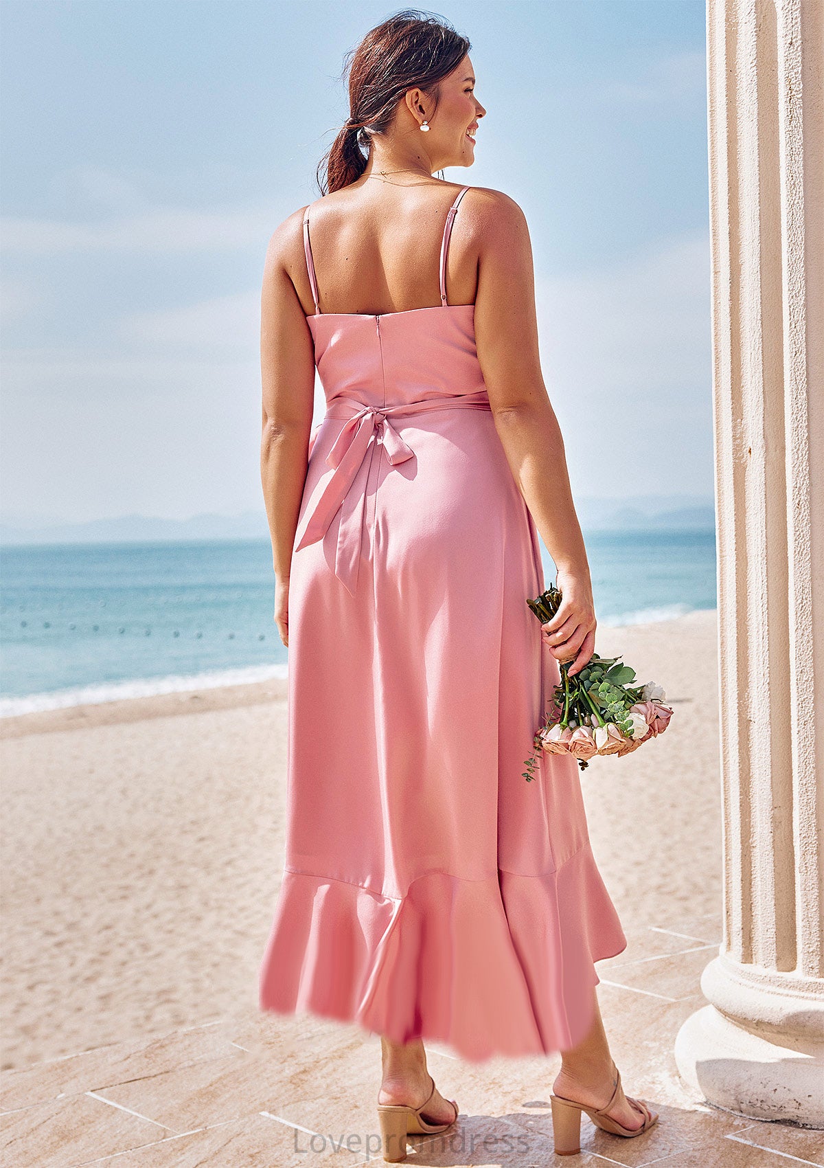 A-line V Neck Sleeveless Asymmetrical Stretch Satin Bridesmaid Dresses with Sashes Ruffles Paisley DYP0025292