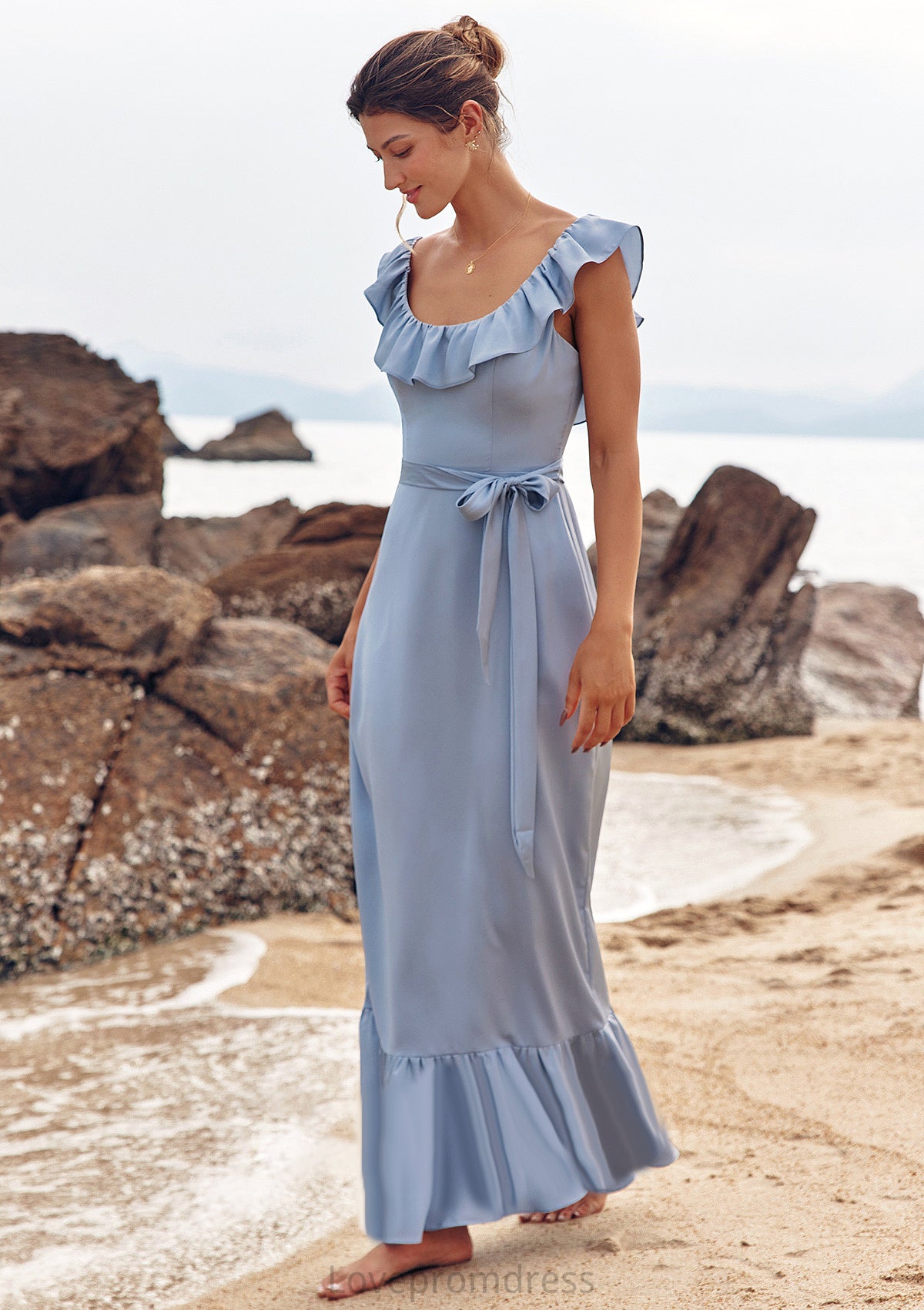 Sheath/Column Scoop Neck Sleeveless Floor-Length Stretch Satin Bridesmaid Dresses with Sashes Ruffles Maren DYP0025293