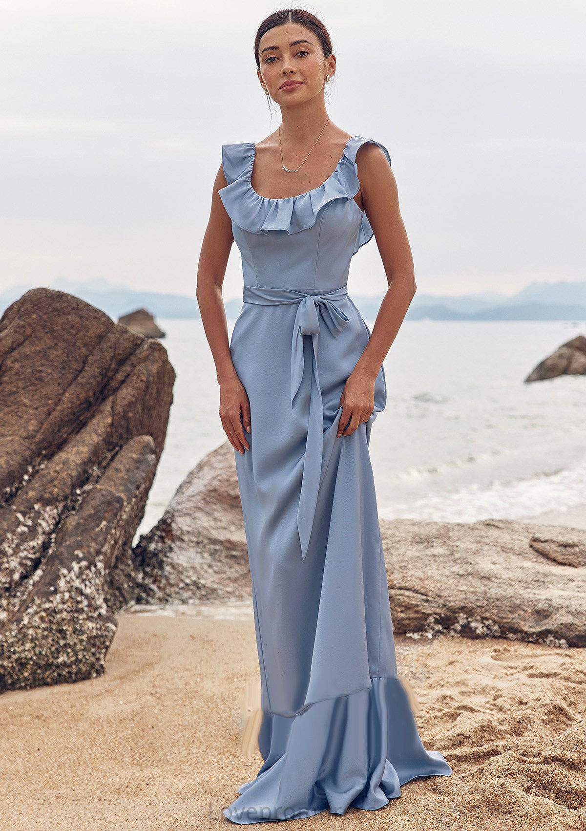 Sheath/Column Scoop Neck Sleeveless Floor-Length Stretch Satin Bridesmaid Dresses with Sashes Ruffles Maren DYP0025293