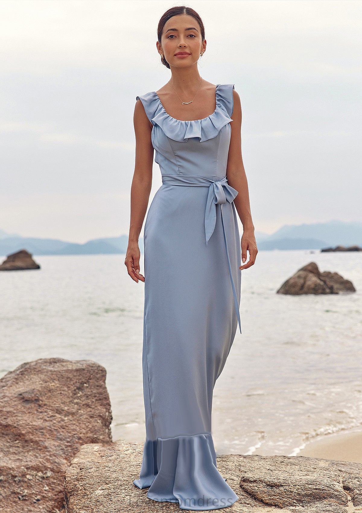 Sheath/Column Scoop Neck Sleeveless Floor-Length Stretch Satin Bridesmaid Dresses with Sashes Ruffles Maren DYP0025293