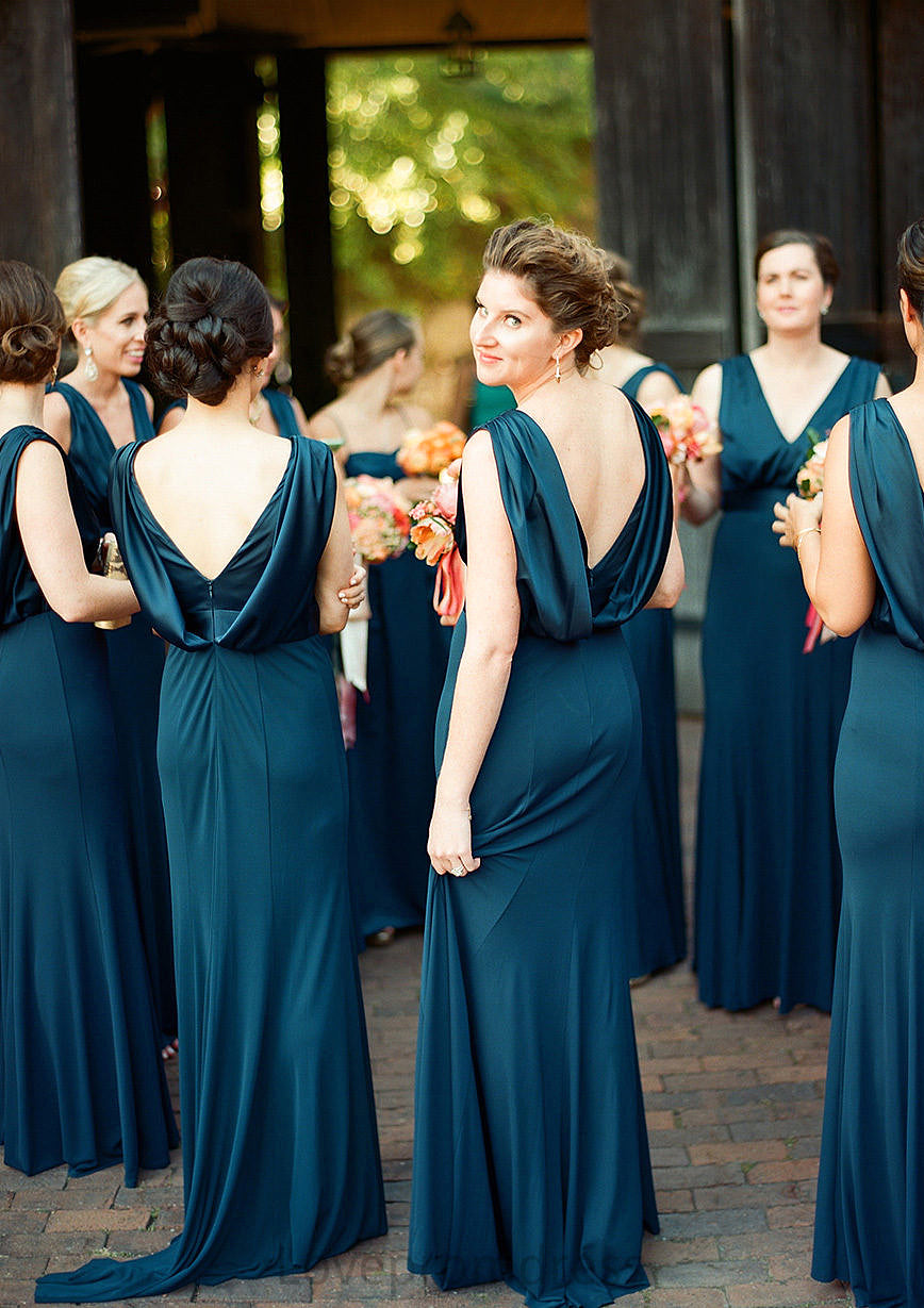 A-line V Neck Sleeveless Sweep Train Jersey Bridesmaid Dresses with Pleated Noemi DYP0025302