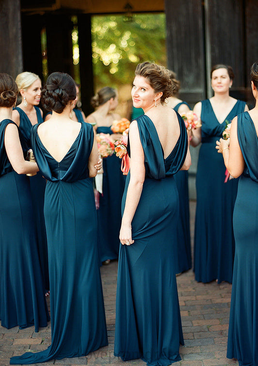 A-line V Neck Sleeveless Sweep Train Jersey Bridesmaid Dresses with Pleated Noemi DYP0025302