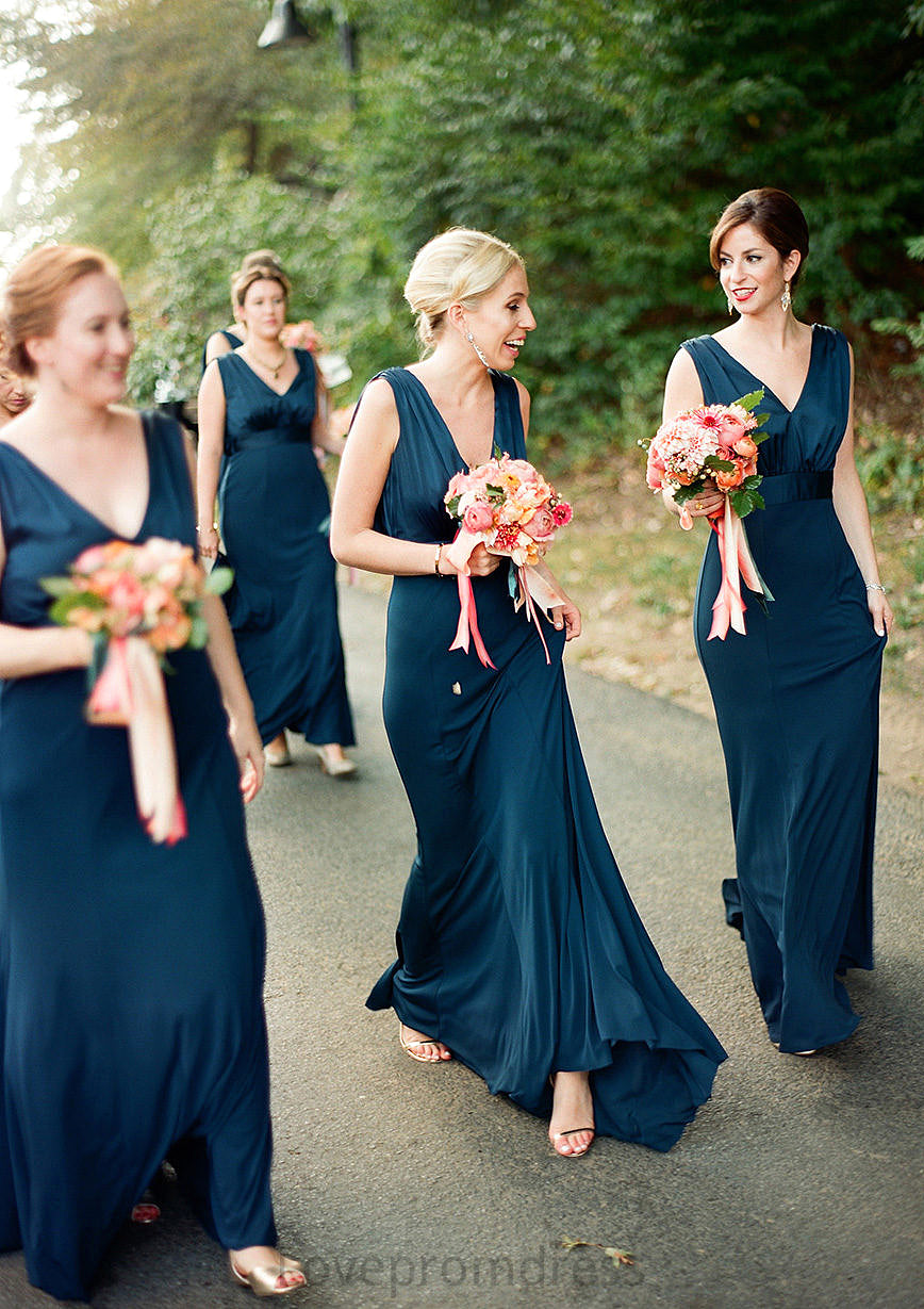 A-line V Neck Sleeveless Sweep Train Jersey Bridesmaid Dresses with Pleated Noemi DYP0025302