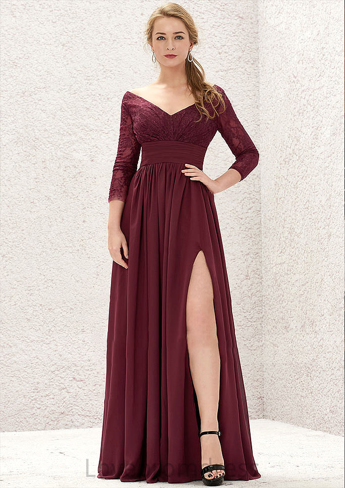 A-line V Neck Full/Long Sleeve Long/Floor-Length Chiffon Bridesmaid Dresses With Lace Split Pleated Keira DYP0025304