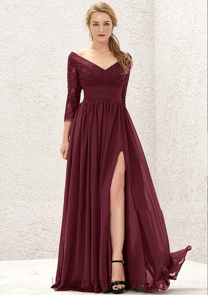 A-line V Neck Full/Long Sleeve Long/Floor-Length Chiffon Bridesmaid Dresses With Lace Split Pleated Keira DYP0025304