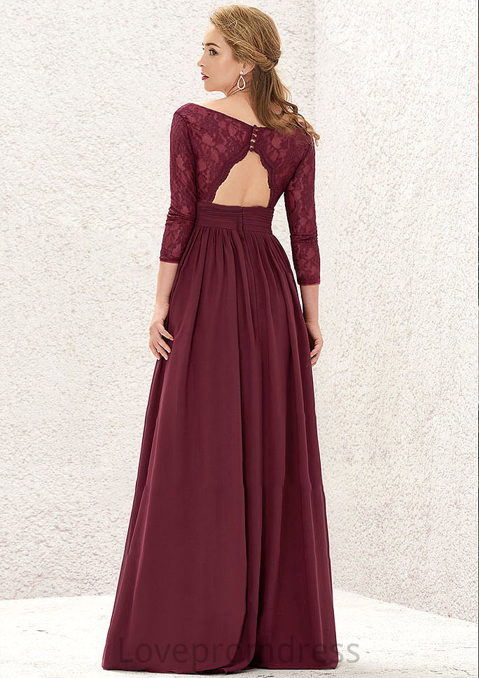 A-line V Neck Full/Long Sleeve Long/Floor-Length Chiffon Bridesmaid Dresses With Lace Split Pleated Keira DYP0025304