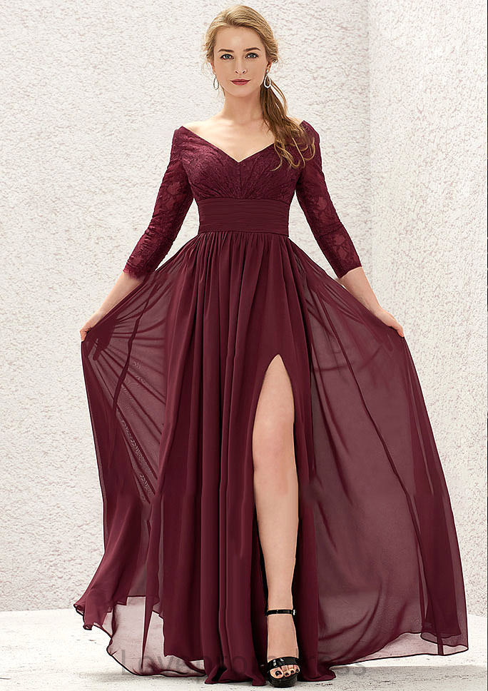 A-line V Neck Full/Long Sleeve Long/Floor-Length Chiffon Bridesmaid Dresses With Lace Split Pleated Keira DYP0025304