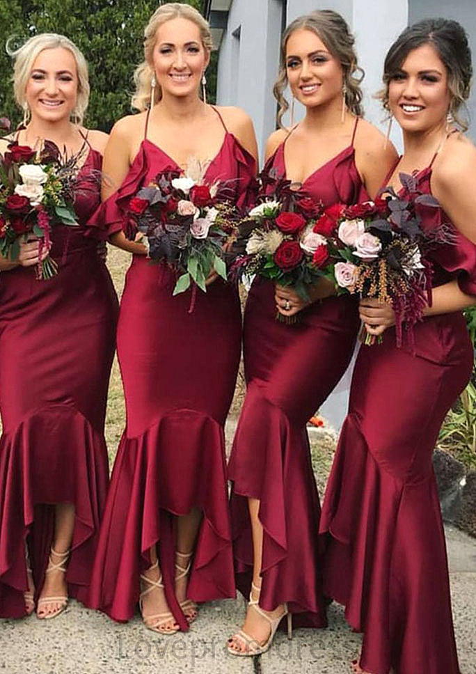 Sleeveless V Neck Asymmetrical Trumpet/Mermaid Charmeuse Bridesmaid Dresseses With Ruffles Isis DYP0025305