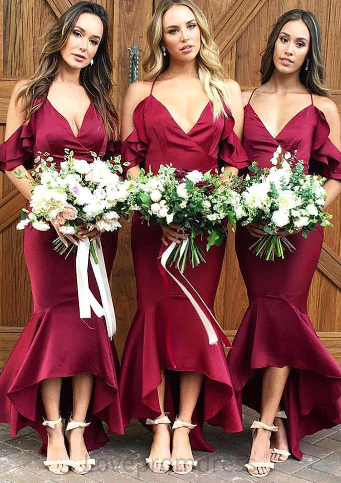 Sleeveless V Neck Asymmetrical Trumpet/Mermaid Charmeuse Bridesmaid Dresseses With Ruffles Isis DYP0025305