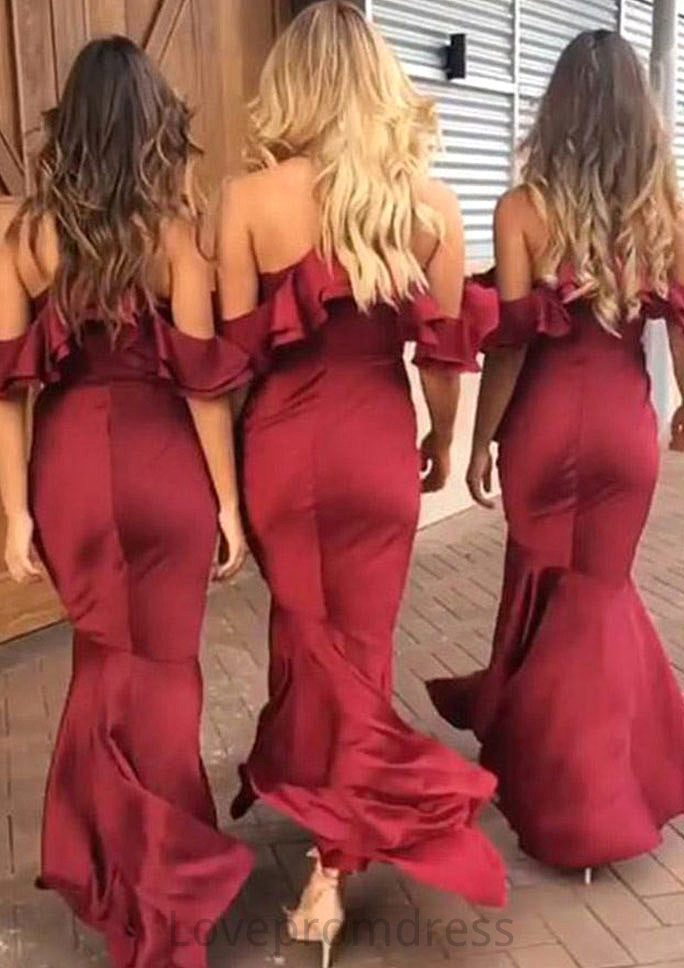 Sleeveless V Neck Asymmetrical Trumpet/Mermaid Charmeuse Bridesmaid Dresseses With Ruffles Isis DYP0025305