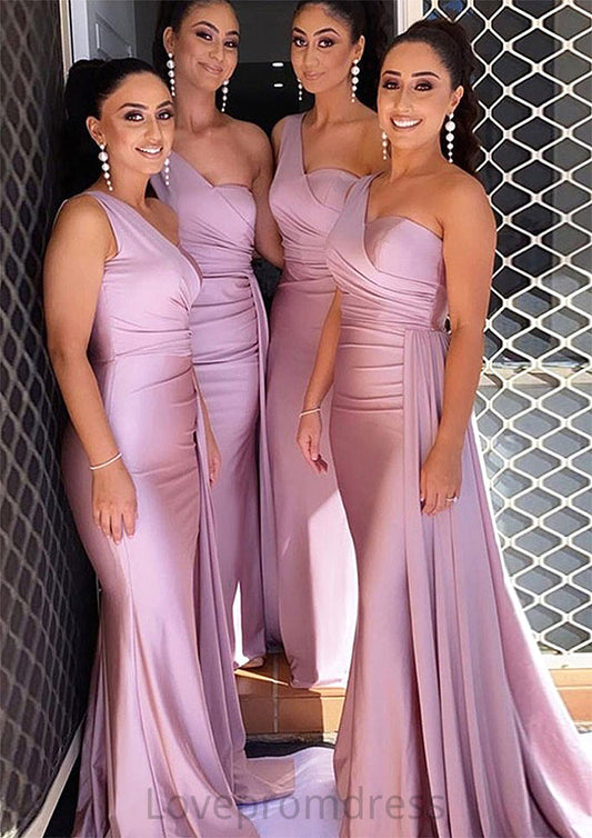 Trumpet/Mermaid One-Shoulder Sleeveless Sweep Train Jersey Bridesmaid Dresses With Pleated Side Draping Amya DYP0025308