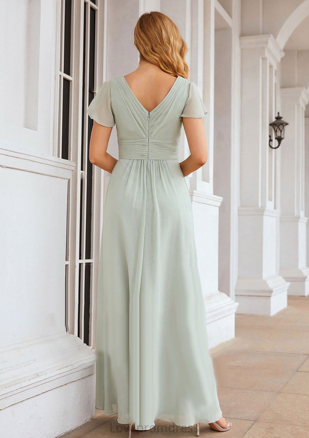 A-line V Neck Short Sleeve Long/Floor-Length Chiffon Bridesmaid Dresses With Pleated Asia DYP0025309