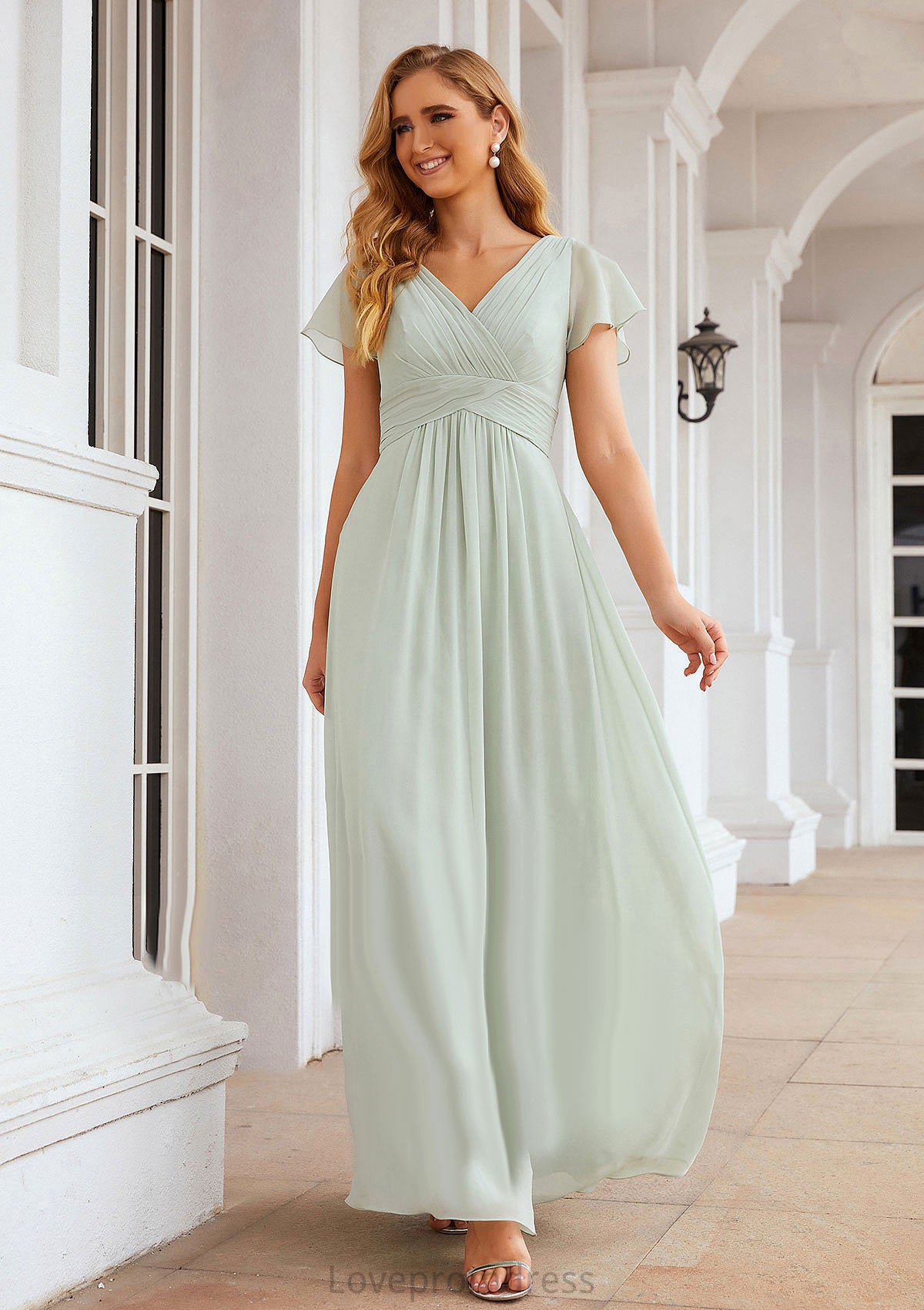 A-line V Neck Short Sleeve Long/Floor-Length Chiffon Bridesmaid Dresses With Pleated Asia DYP0025309