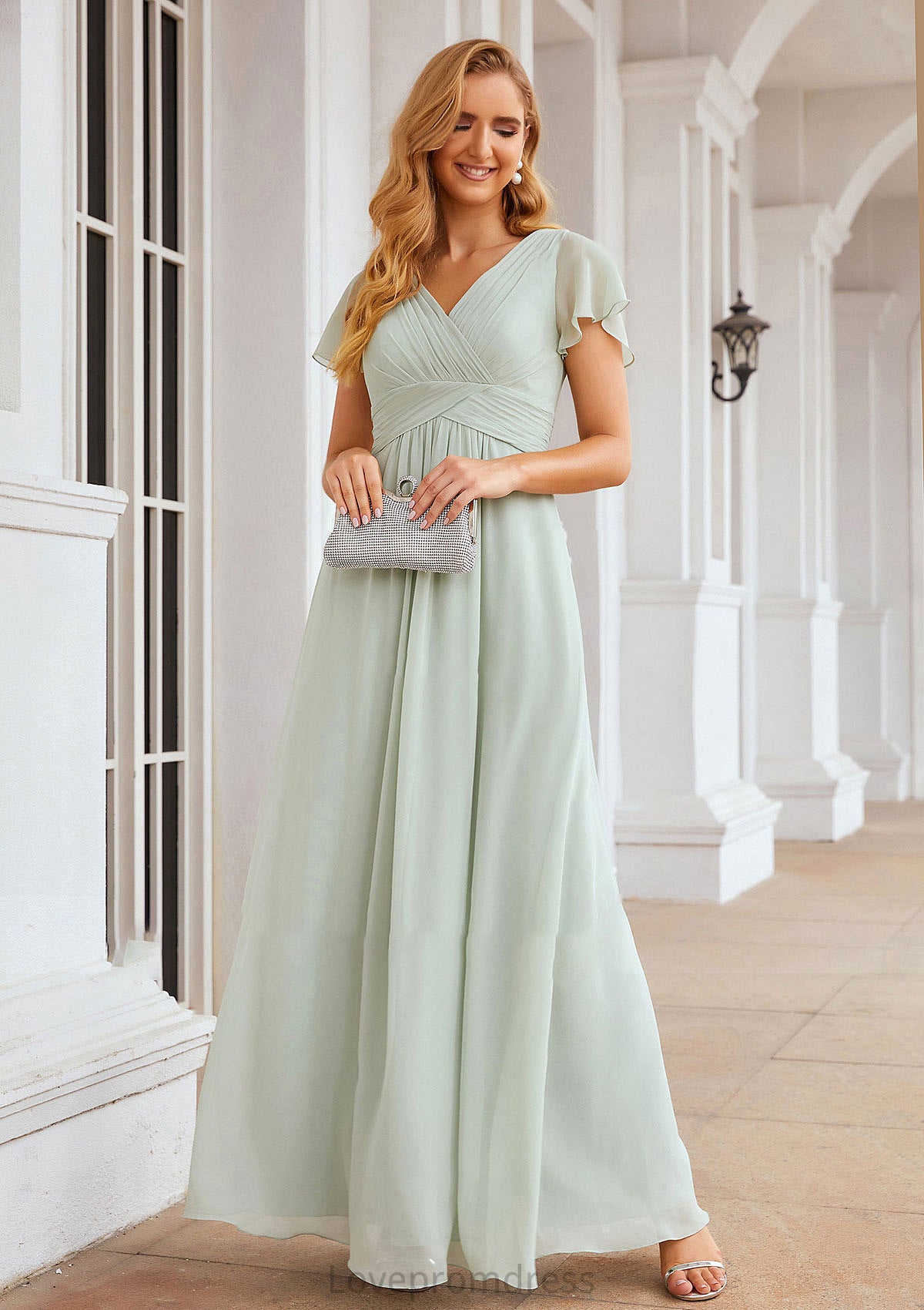 A-line V Neck Short Sleeve Long/Floor-Length Chiffon Bridesmaid Dresses With Pleated Asia DYP0025309