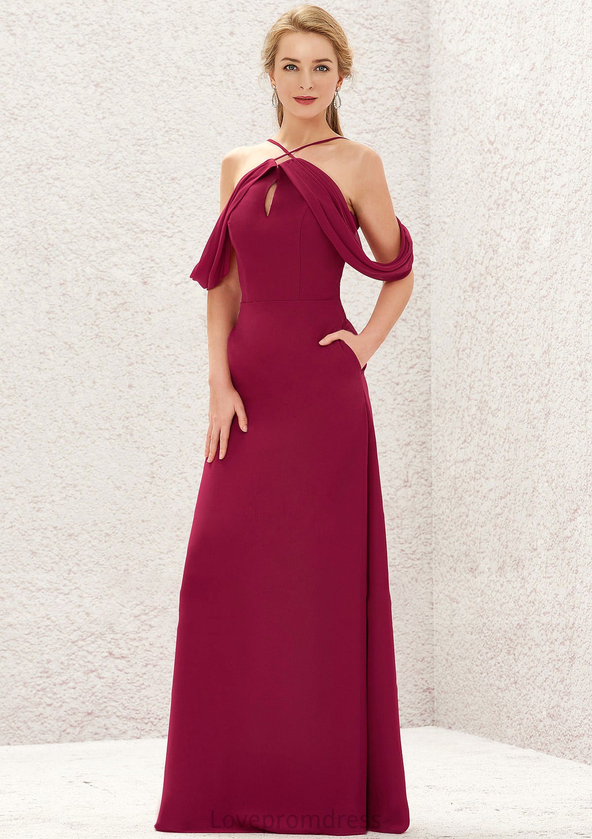 A-line Scalloped Neck Sleeveless Chiffon Long/Floor-Length Bridesmaid Dresses With Pockets Jocelynn DYP0025310