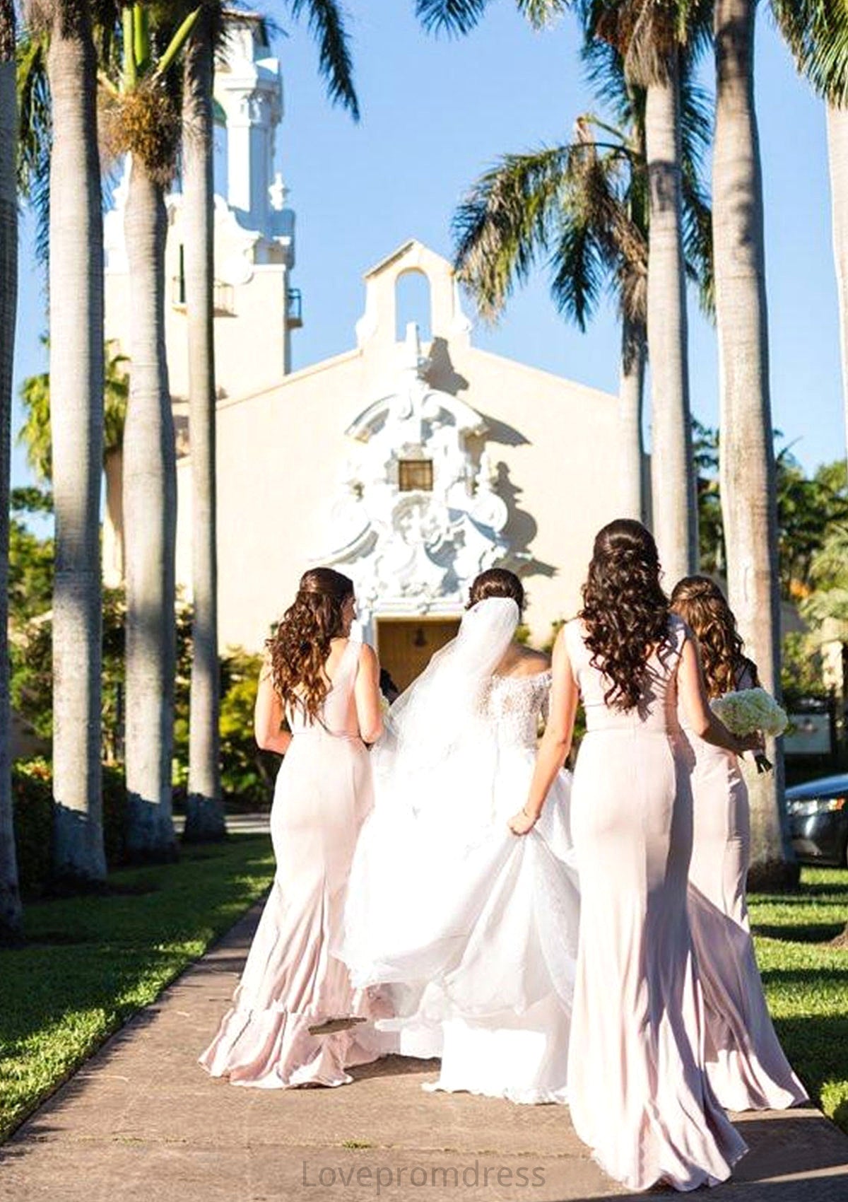 Sleeveless Bateau Sweep Train Elastic Sheath/Column Satin Bridesmaid Dresseses With Pleated Bethany DYP0025312