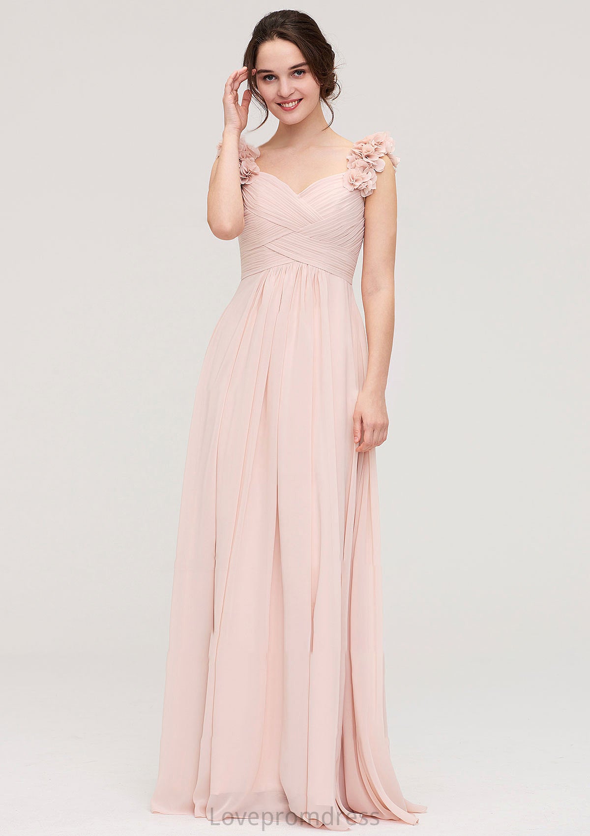 Sweetheart Sleeveless A-line/Princess Chiffon Long/Floor-Length Bridesmaid Dresses With Pleated Shoulder Flower Estrella DYP0025315