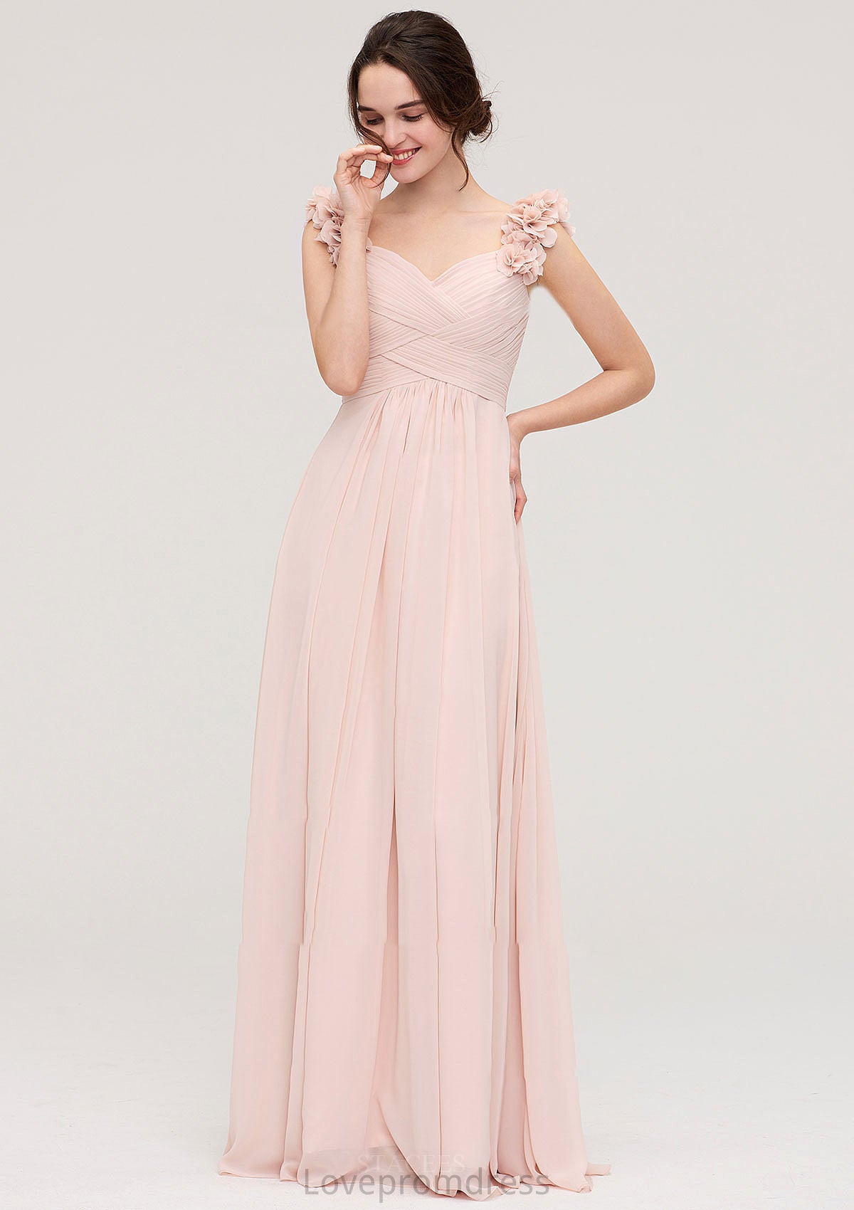 Sweetheart Sleeveless A-line/Princess Chiffon Long/Floor-Length Bridesmaid Dresses With Pleated Shoulder Flower Estrella DYP0025315